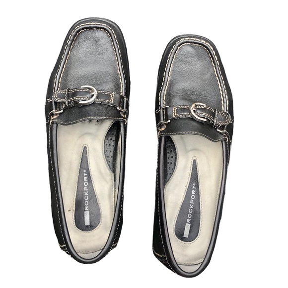 Rockport black leather square toe loafers silver buckle and white stitching. 7.5 - Picture 6 of 8